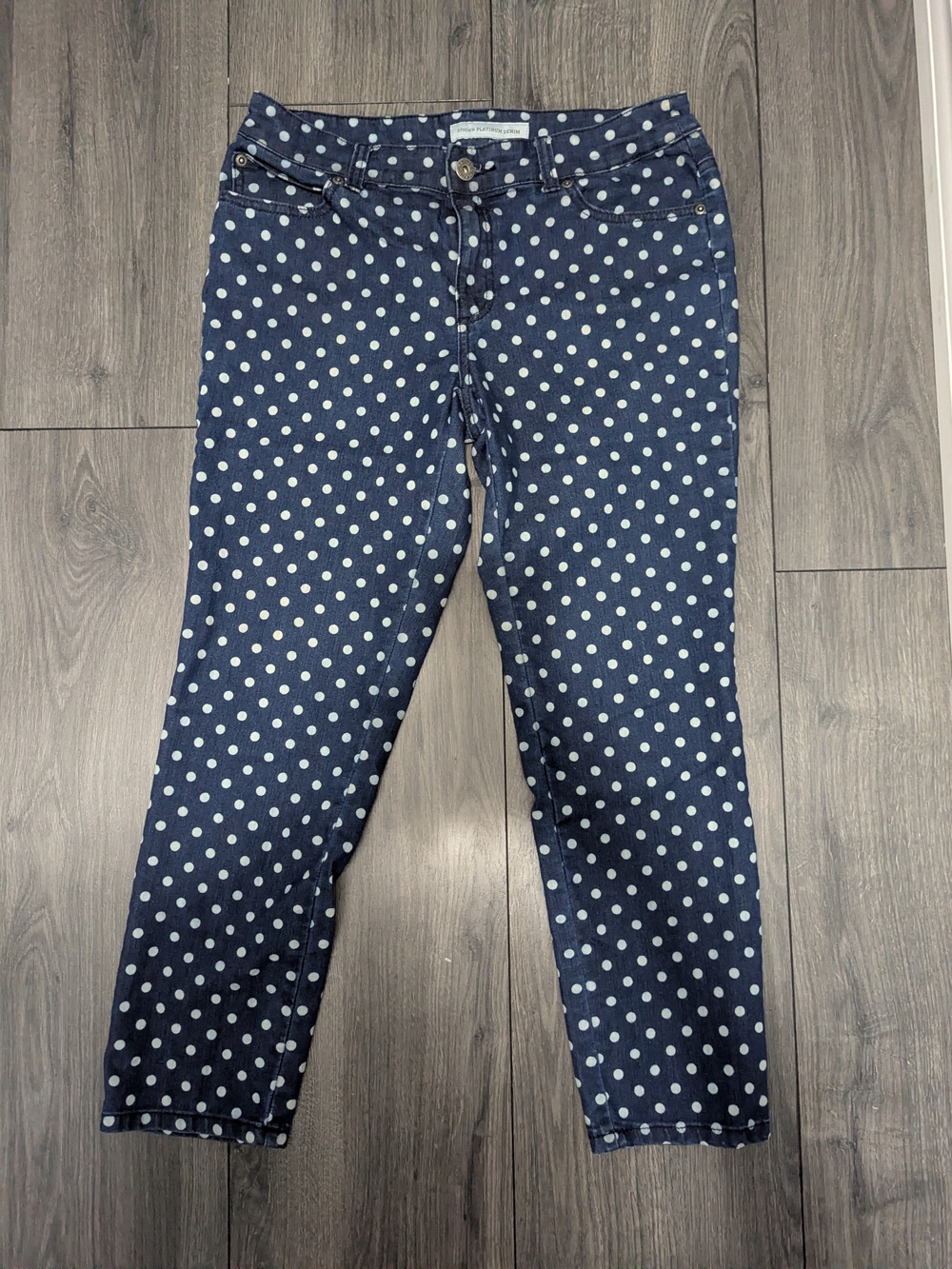 Chico's Platinum Denim Navy And White Polka Dot Skinny Jeans